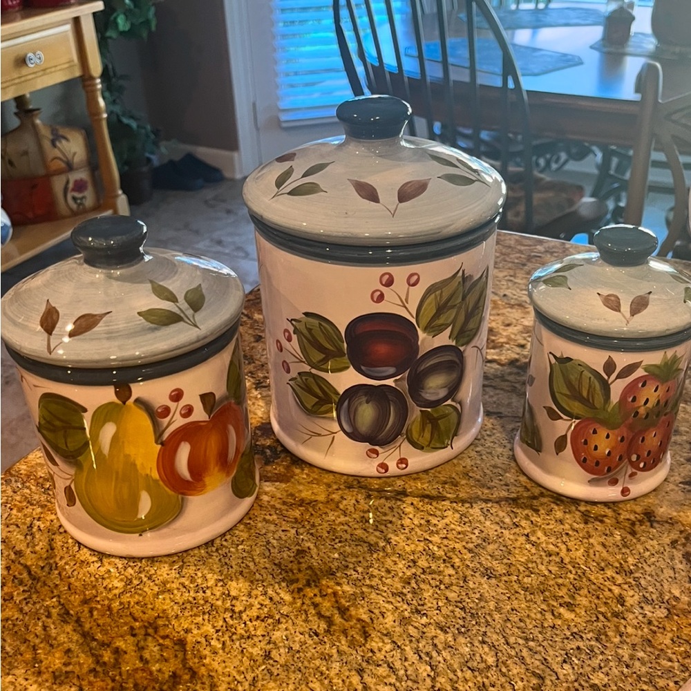 Black Forest Fruits 3 Pc. Canister Set w/different Fruit Design on Back Side.